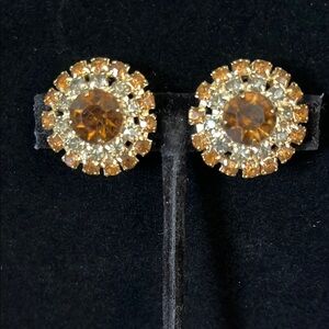 Vintage amber tone pronged rhinestone clip on earrings